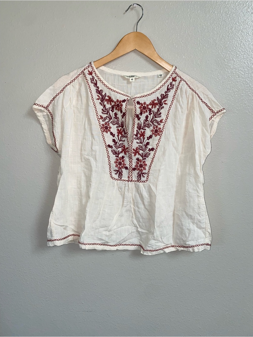 Max Studio Vintage White Cotton Blend Gauze Embroidered Peasant Blouse Size XS
